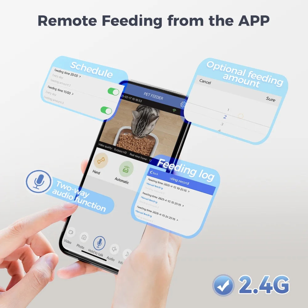 Smart Automatic Cat Feeder with Camera & Night Vision - WiFi Enabled 6L Pet Food Dispenser with Two-Way Audio for Cats & Dogs