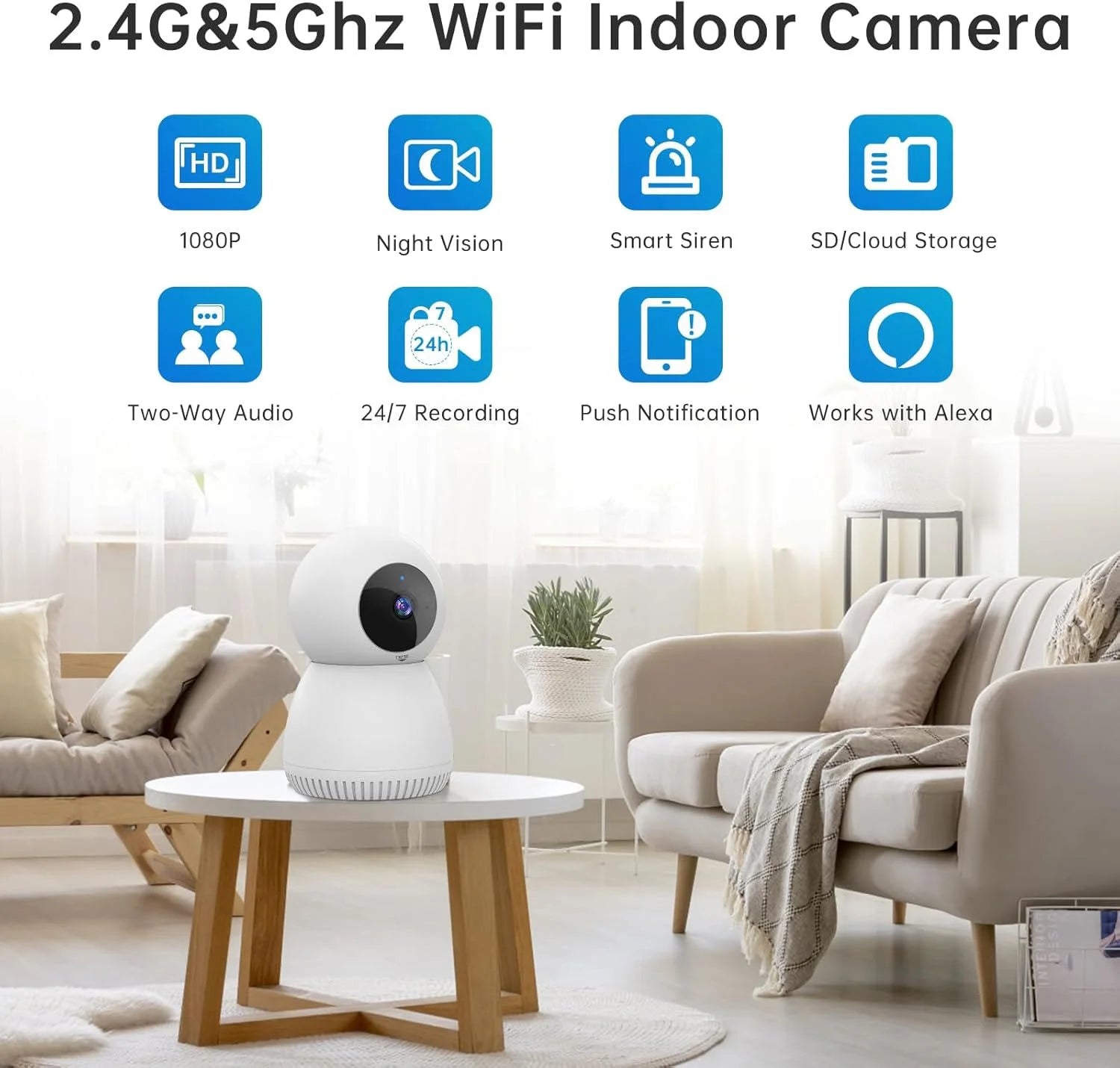 Indoor Security Camera 5G& 2.4Ghz Wifi, Pan/Tilt Baby Camera for Home Security, 1080P Pet Camera with Phone App Motion Detection, 2-Way Talk, Night Vision, Siren Alarm, Compatible with Alexa(2Pack)