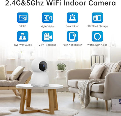 Indoor Security Camera 5G& 2.4Ghz Wifi, Pan/Tilt Baby Camera for Home Security, 1080P Pet Camera with Phone App Motion Detection, 2-Way Talk, Night Vision, Siren Alarm, Compatible with Alexa(2Pack)